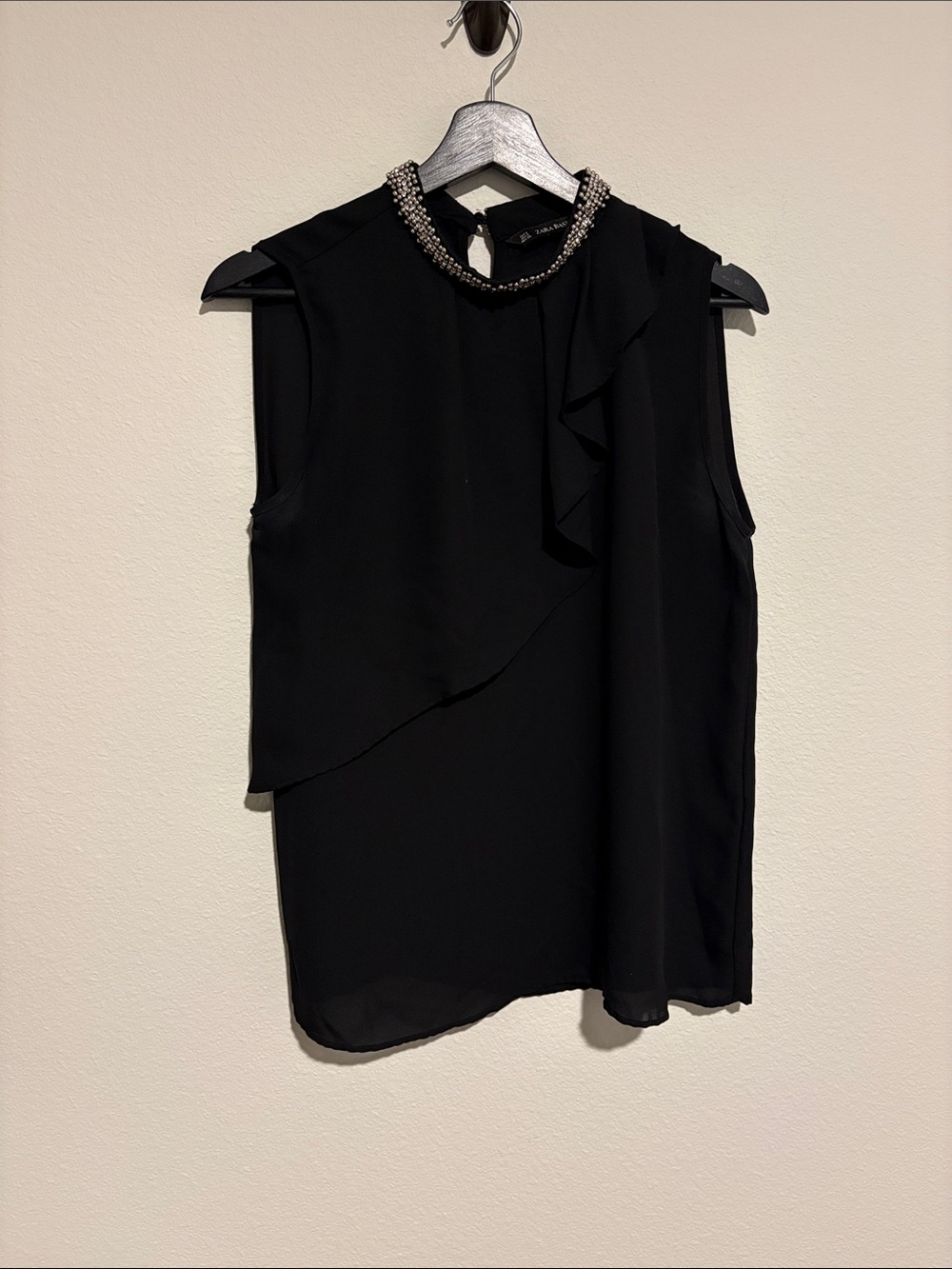 Zara Black Sleeveless Beaded-Neck Blouse